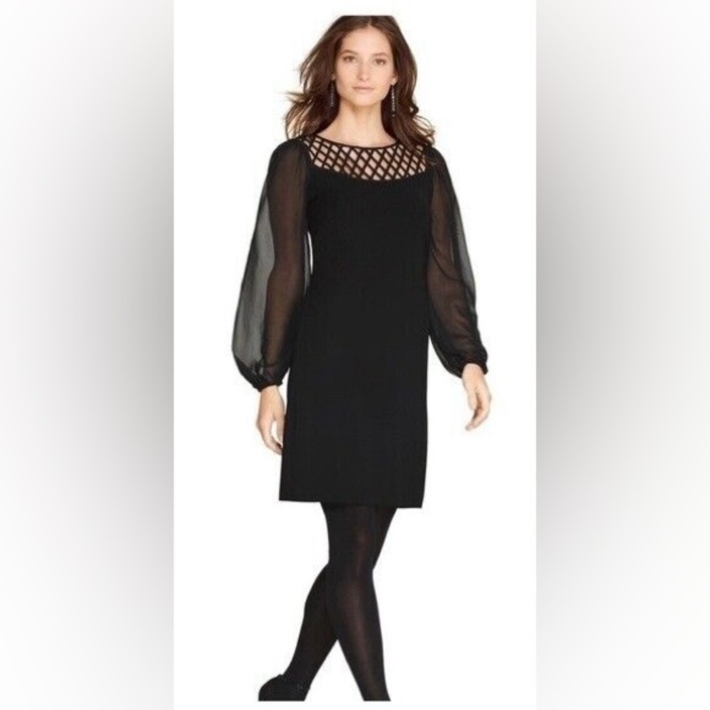 White House Black Market Black Mini Dress Sheer Sleeves, Size 6 Petite